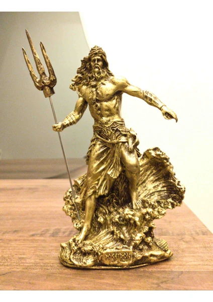 Antioch Art and Design Tasarım Poseidon Biblo 21 cm Mitolojik Heykel Ev Dekor Hediyelik Eşya Gold