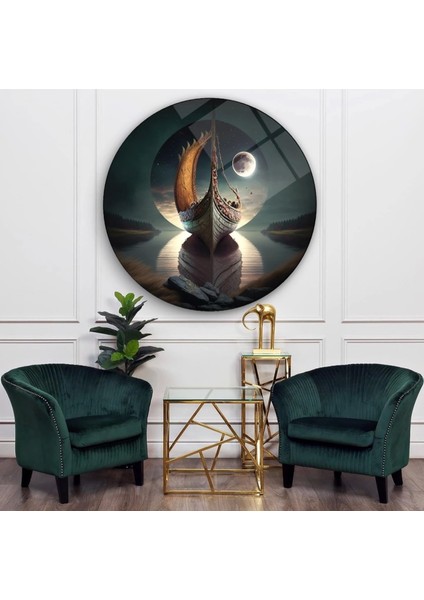 Teknoo- Ay Işığında Yüzen Gemi Sanatsal Yuvarlak Cam Tablo