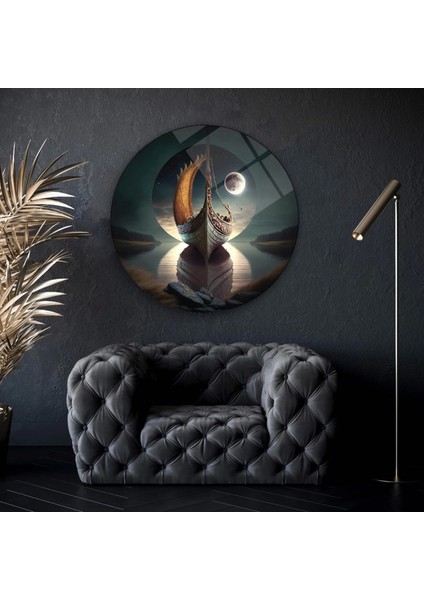 Teknoo- Ay Işığında Yüzen Gemi Sanatsal Yuvarlak Cam Tablo fiyatları