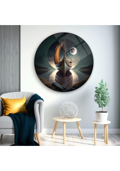 Teknoo- Ay Işığında Yüzen Gemi Sanatsal Yuvarlak Cam Tablo modelleri