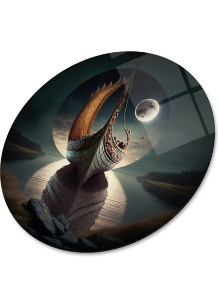 Teknoo- Ay Işığında Yüzen Gemi Sanatsal Yuvarlak Cam Tablo fırsatları