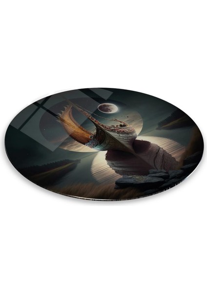 Teknoo- Ay Işığında Yüzen Gemi Sanatsal Yuvarlak Cam Tablo indirimleri