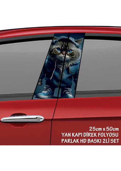 Yaramaz Mavili Kedi Renkli Baskılı Folyo Kaplama - 2li Kapı Direkleri Için Sticker Modifiye
