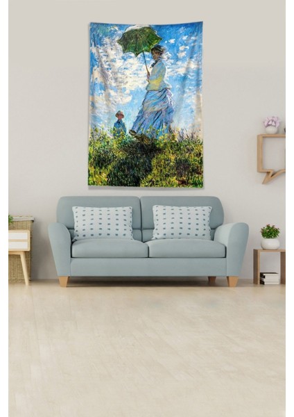 Mavi Kare Duvar Örtüsü Kadife Kumaş, 140x140, Şemsiye Desenli, Leke Tutmaz fiyatları