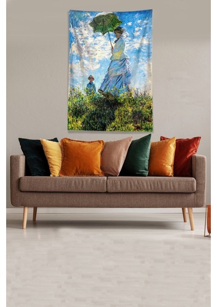 Mavi Kare Duvar Örtüsü Kadife Kumaş, 140x140, Şemsiye Desenli, Leke Tutmaz modelleri