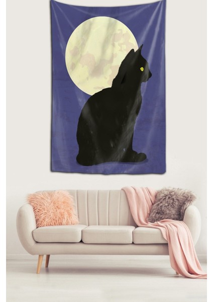 Ay Gece ve Kedi Temalı Leke Tutmaz Kadife Doku Kumaş Duvar Örtüsü Duvar Halısı Tapestry