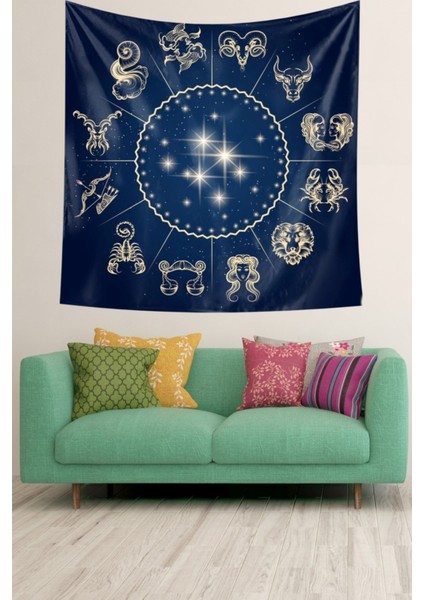 Astroloji Burçlar 12 Burç Desen Leke Tutmaz Kadife Doku Kumaş Duvar Örtüsü Duvar Halısı Tapestry