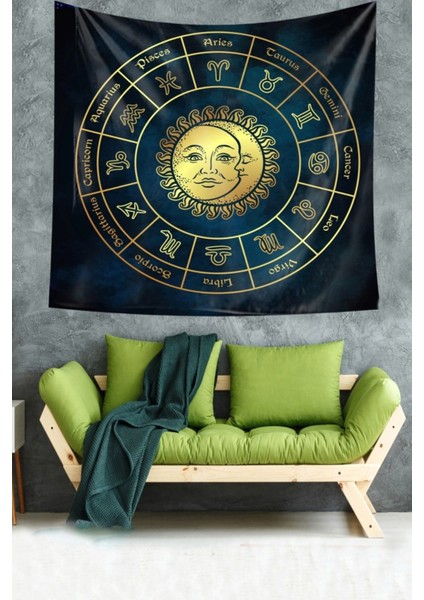 Lacivert-sarı kare desenli kadife dokulu duvar halısı 70x70 cm