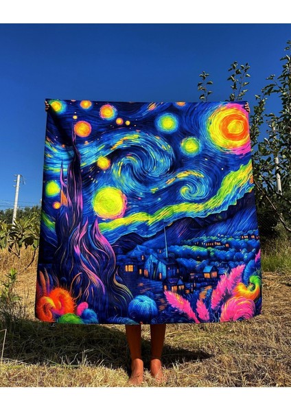 Yıldızlı Gece Neon Starry Night - Van Gogh / Blacklight ile Parlayan Neon Duvar Örtüsü Tapestry Glo