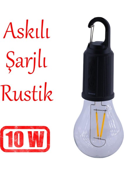 Taşınabilir Şarjlı Tasarruflu Rustik Ampul 10W LED Lamba Type-C Şarj Askılı Asma Aydınlatma
