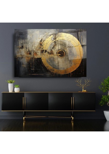 Teknoo- Koyu Zenim Üzerine Gold Daire Desenli Sanatsal Cam Tablo
