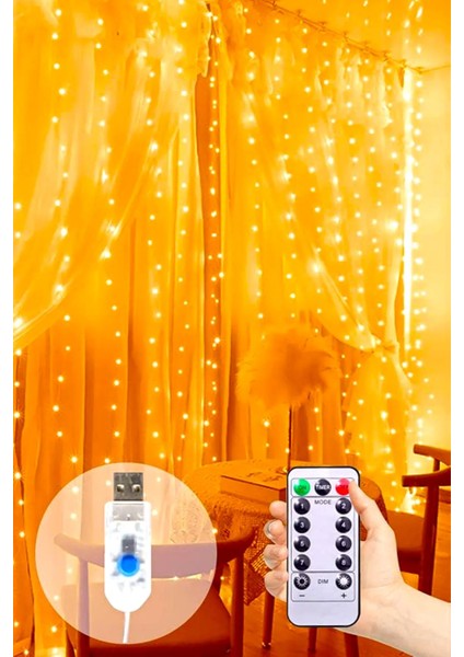 3x3 Metre Sarı Usbli Kumandalı Peri LED Dekoratif Aydınlatma Yılbaşı Çam Ağacı Ev Süsleme Doğum Günü
