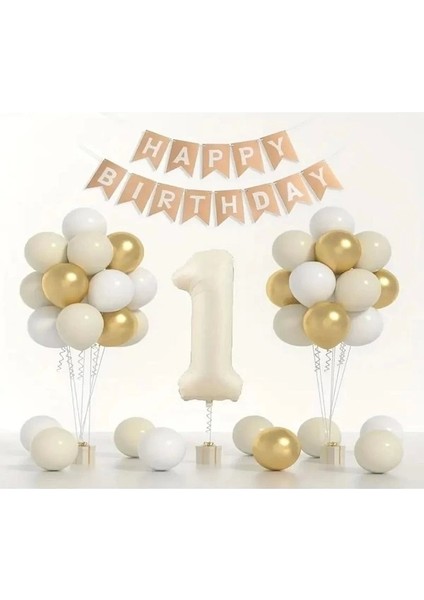 1 Yaş Retro Krem Balon Seti Krom Gold Deniz Kumu Beyaz Happy Birthday Banner