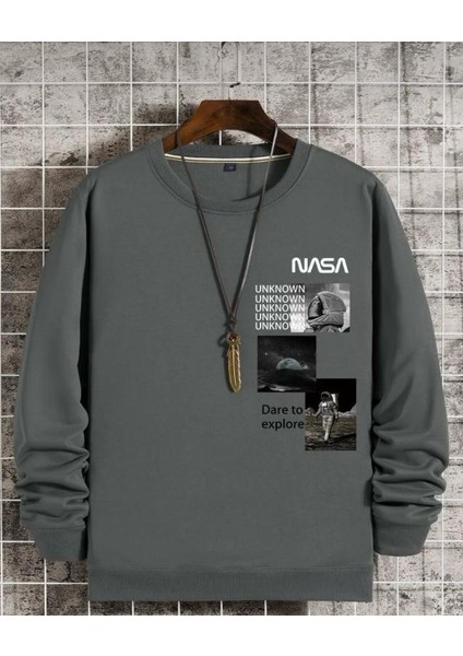 Oversize Erkek Nasa Baskılı Antrasit Bisiklet Yaka Sweatshirt