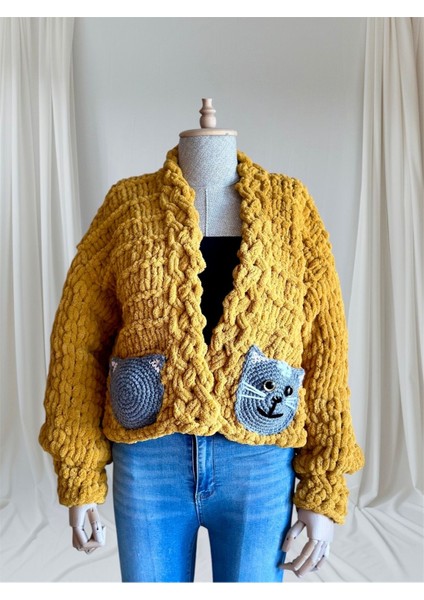 El Yapımı Örgü Kedi Cep Detaylı Puffy Chunky Hırka Hardal / Standart