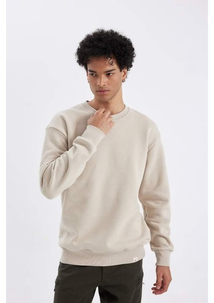 Oversize Fit Bisiklet Yaka Basic Sweatshirt Stone