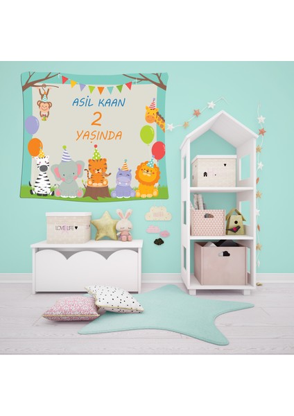 Kişiye Özel Erkek Isim Animals Safari Konsept Doğum Günü Parti Duvar Örtüsü Duvar Halısı