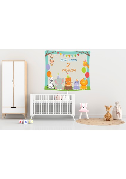 Kişiye Özel Erkek Isim Animals Safari Konsept Doğum Günü Parti Duvar Örtüsü Duvar Halısı fiyatları