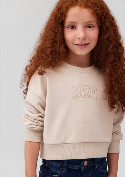 Logo Baskılı Bej Crop Sweatshirt7S10078-70072