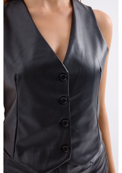 6799 Kısa Suni Deri Yelek - Siyah indirimleri