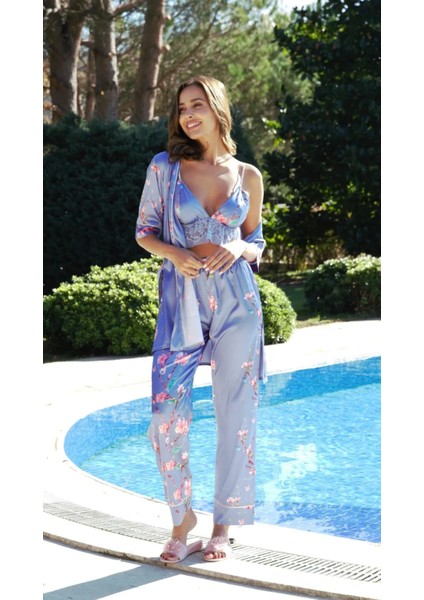 3 Parça Saten Dantel Detaylı Desenli Kadın Alt Üst Pijama Takımı