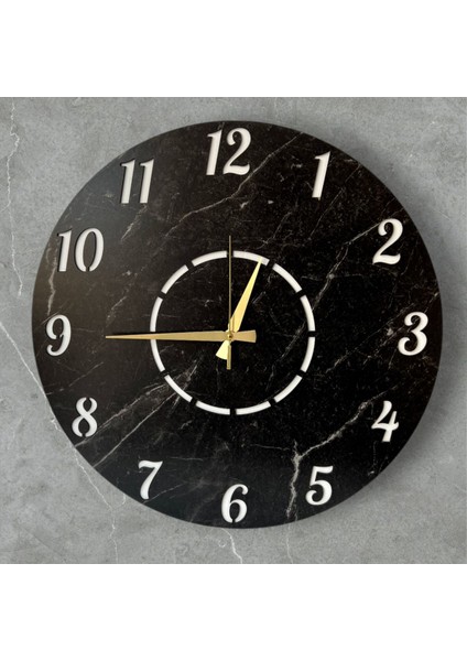 Modern siyah mermer desenli büyük duvar saati, sade ve şık tasarım