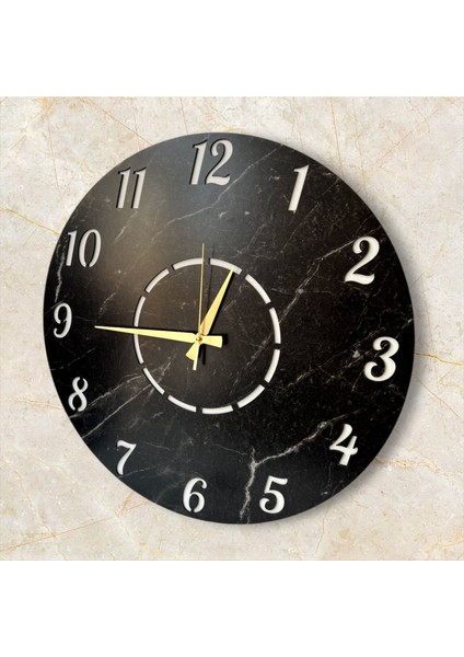Modern siyah mermer desenli büyük duvar saati, sade ve şık tasarım modelleri