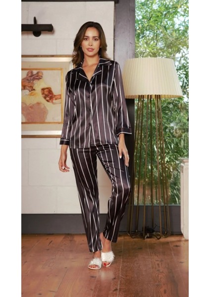 Saten Gömlekli Düğmeli Çizli Detaylı Çok Rahat Şık Kadın Alt Üst Pijama Takımı Siyah fiyatları