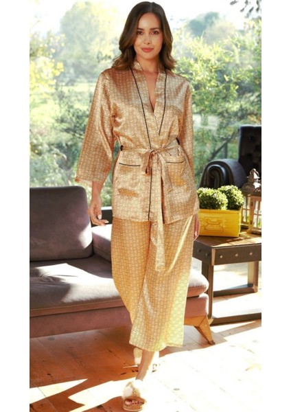 Yaldız Gold Bel Kemerli Saten Işlemeli Alt Üst Kadın Şık Pijama Takımı