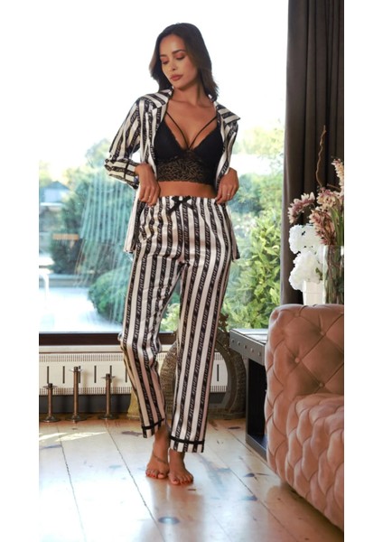 3 Parça Dantel Büstiyerli Çizgi Desenli Çok Şık Kadın Saten Pijma Takımı