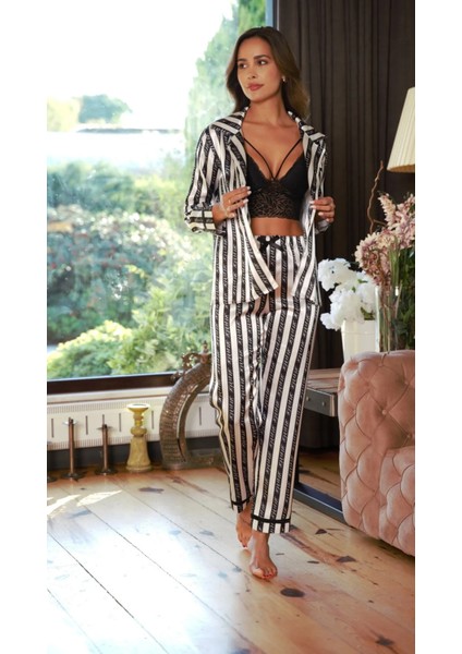 3 Parça Dantel Büstiyerli Çizgi Desenli Çok Şık Kadın Saten Pijma Takımı fırsatları