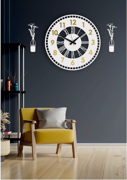 Modern dekoratif aynalı duvar saati ve vazo tablo, 48x48, beyaz-gold renkli, şık tasarım fiyatları