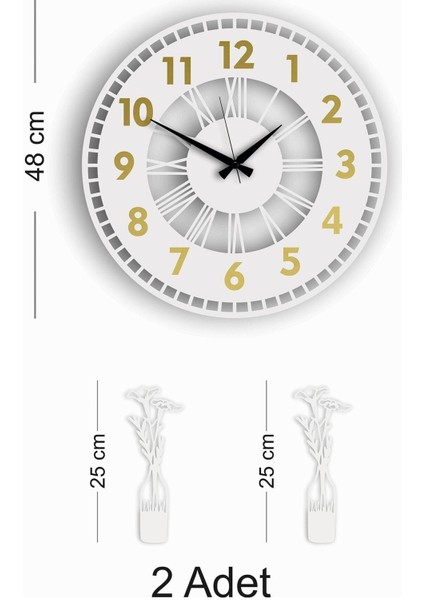 Modern dekoratif aynalı duvar saati ve vazo tablo, 48x48, beyaz-gold renkli, şık tasarım modelleri