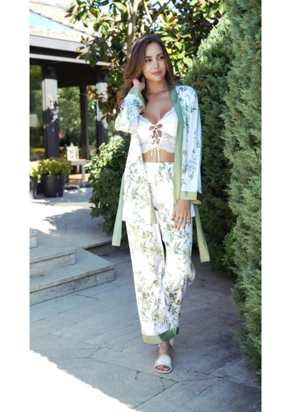 3 Parça Büstiyerli Saten Kuşaklı Desenli Kadın Alt Üst Saten Pijama Takımı