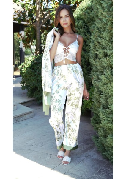 3 Parça Büstiyerli Saten Kuşaklı Desenli Kadın Alt Üst Saten Pijama Takımı fiyatları