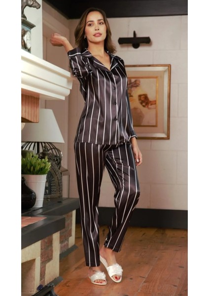 Saten Gömlekli Düğmeli Çizli Detaylı Çok Rahat Şık Kadın Alt Üst Pijama Takımı Siyah fırsatları