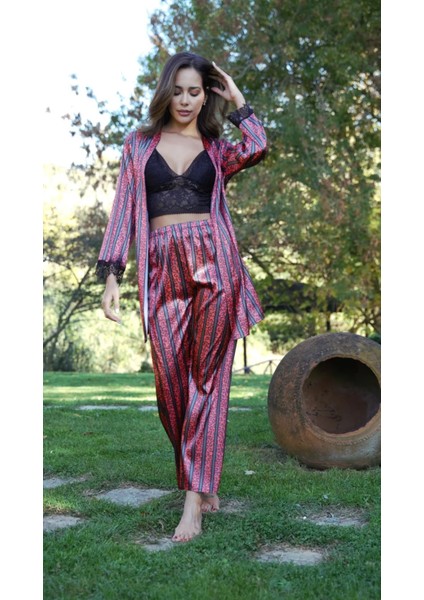 3 Parça Saten Dantel Büstiyerli Çizgili Gömlekli Kadın Saten Pijama Takım