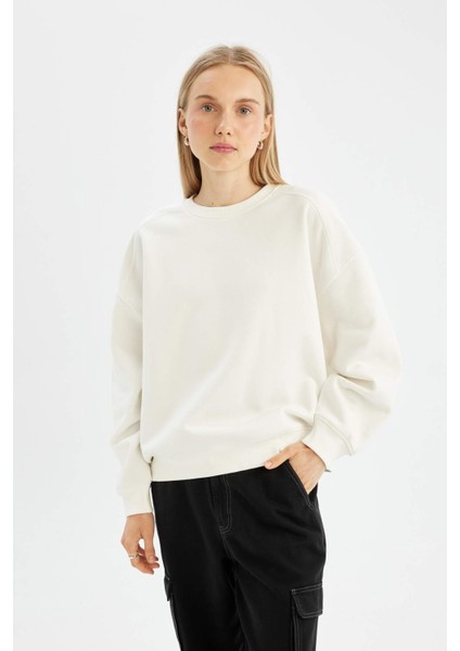 Coool Oversize Geniş Kalıp Bisiklet Yaka Kalın Basic Düz Sweatshirt A4177AX24WN