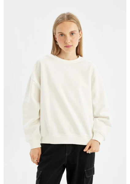 Coool Oversize Geniş Kalıp Bisiklet Yaka Kalın Basic Düz Sweatshirt A4177AX24WN