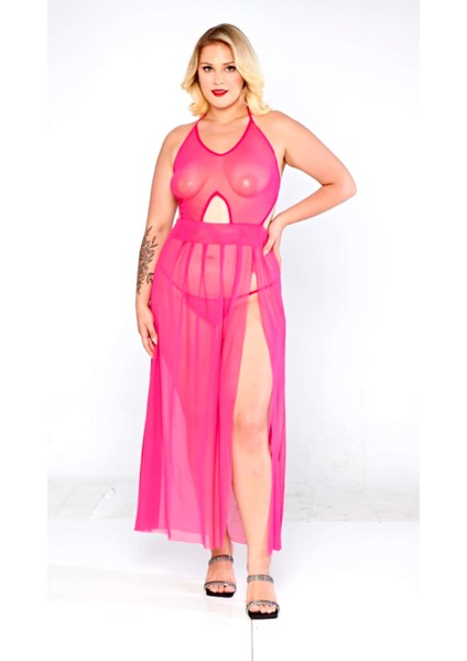 Büyük Beden Pembe Çok Şık Özel Tasarım Dantel Büstiyerli Transparan Kadın Battal Pembe Gecelik 3xl