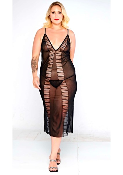 Siyah Büyük Beden Özel Şık Tasarım Transparan Kadın Siyah Gecelik 3xl