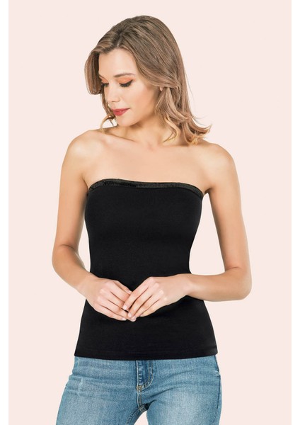 Askısız Pullu Pamuklu Siyah Düz Kadın Straplez Atlet