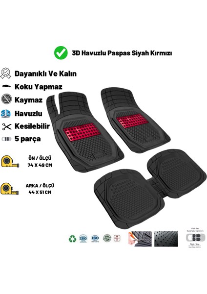 Citroen Nemo 2009 N/1 Kaymaz Taban 3D Havuzlu Paspas Siyah Kırmızı