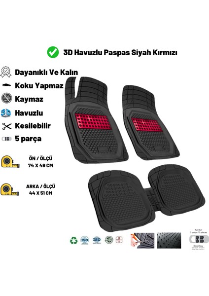 Citroen Nemo 2009 N/1 Kaymaz Taban 3D Havuzlu Paspas Siyah Kırmızı