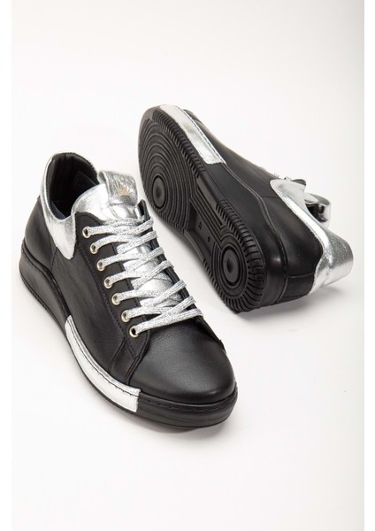 Kadın Hakiki Deri Bağcıklı Spor Ayakkabı - Siyah-Gümüş modelleri