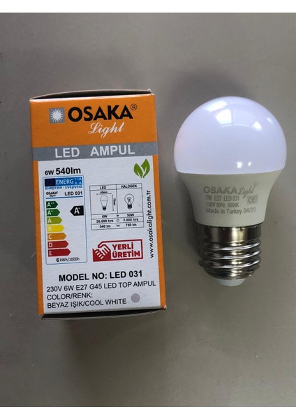 5 Adet Osaka 6W=50W=540 Lümen E 27 Top Ampül 6500K Beyaz 45 mm x 75 mm