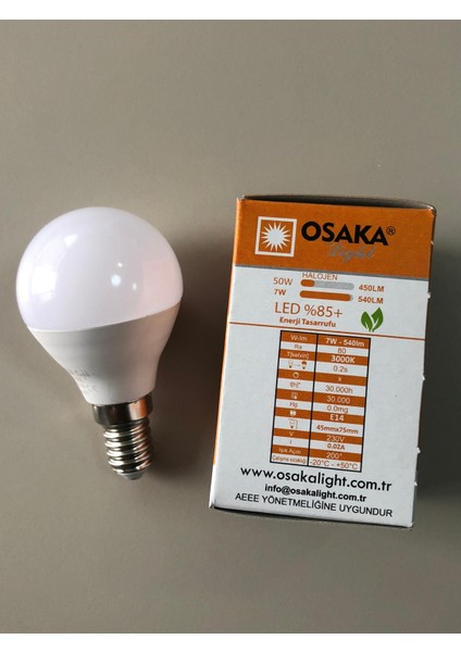 10 Adet Osaka 7W=50W=540 Lümen E 14 Top Ampül 3000K Sarı 45 mm x 75 mm