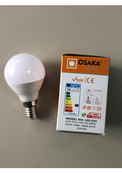 10 Adet Osaka 7W=50W=540 Lümen E 14 Top Ampül 3000K Sarı 45 mm x 75 mm