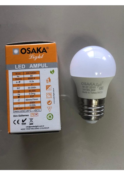 5 Adet Osaka 6W=50W=540 Lümen E 27 Top Ampül 6500K Beyaz 45 mm x 75 mm