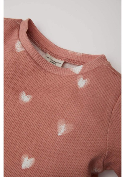 Kız Bebek Pijama Takımı Kalp Desenli Uzun Kollu Waffle Üst Beli Lastikli Uzun Alt D6797A5NS